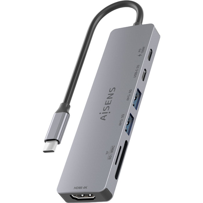 Aisens Dock USB-C 7 en 1 con HDMI 4K, USB-A, USB-C PD 100W y lectores de tarjetas, Gris